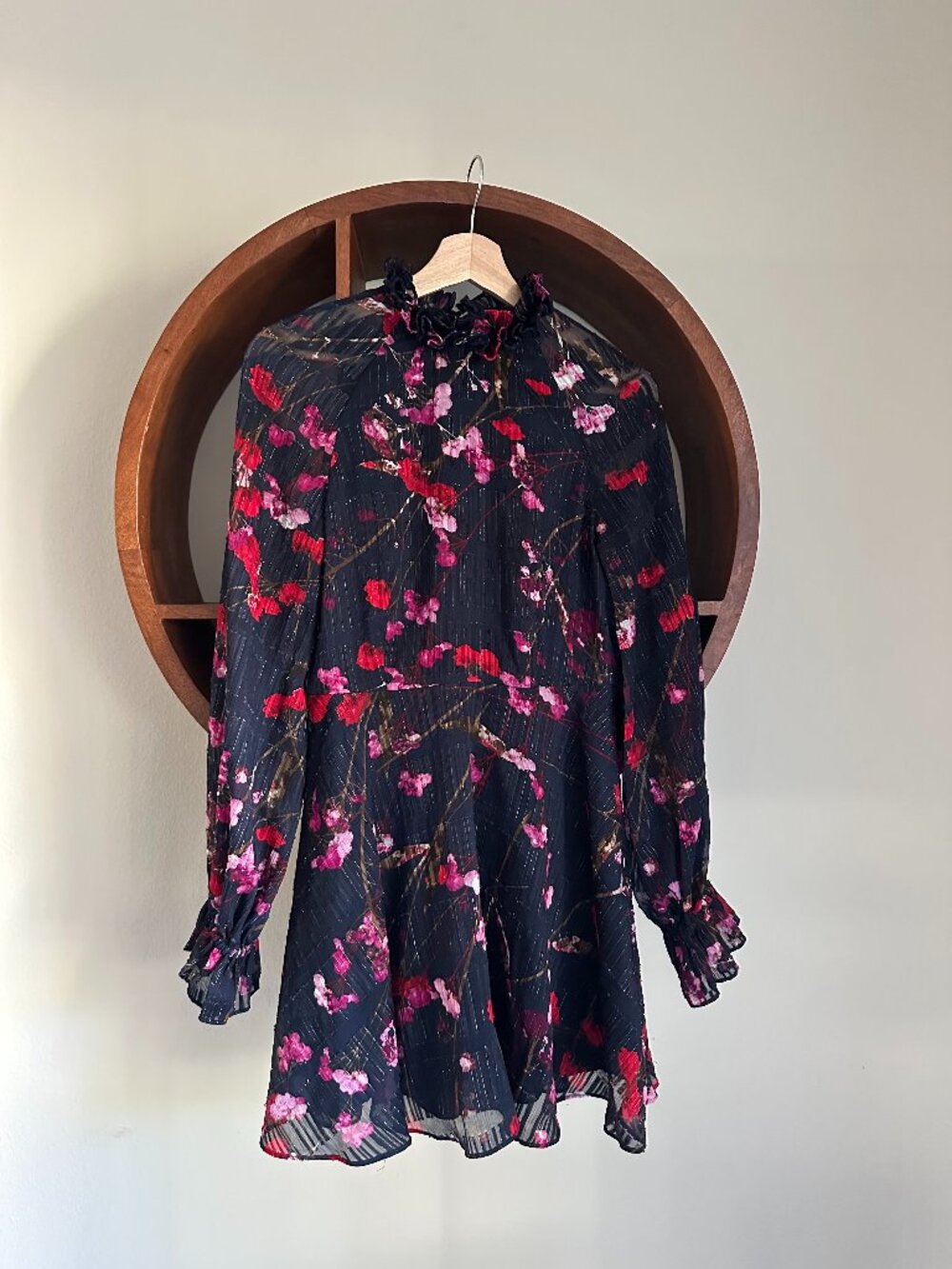 House of Harlow 1960 x Revolve Navy Floral Metallic Ruffle Neck Mini Dress